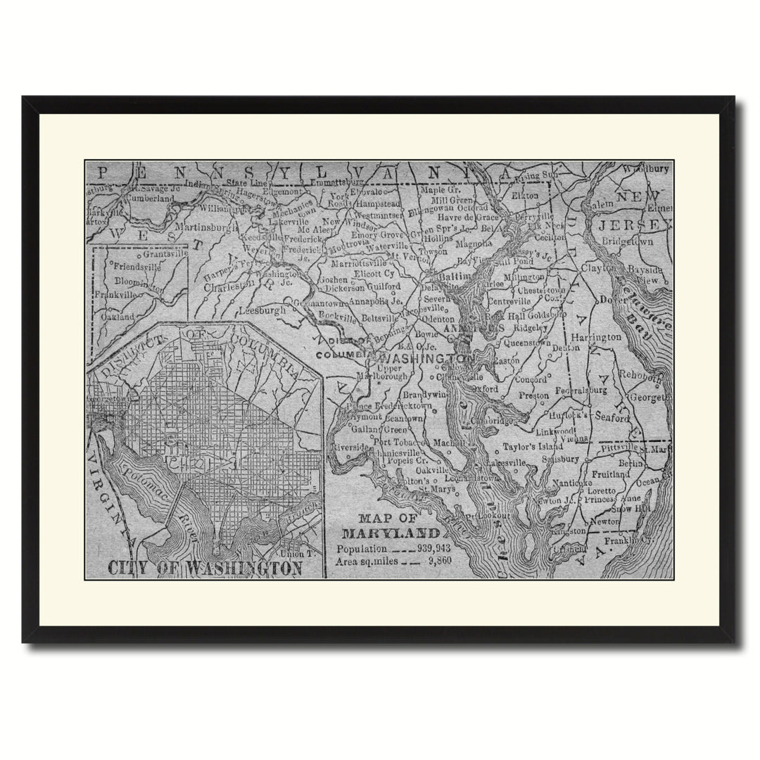 Maryland Vintage BandW Map Canvas Print with Picture Frame  Wall Art Gift Ideas Image 3