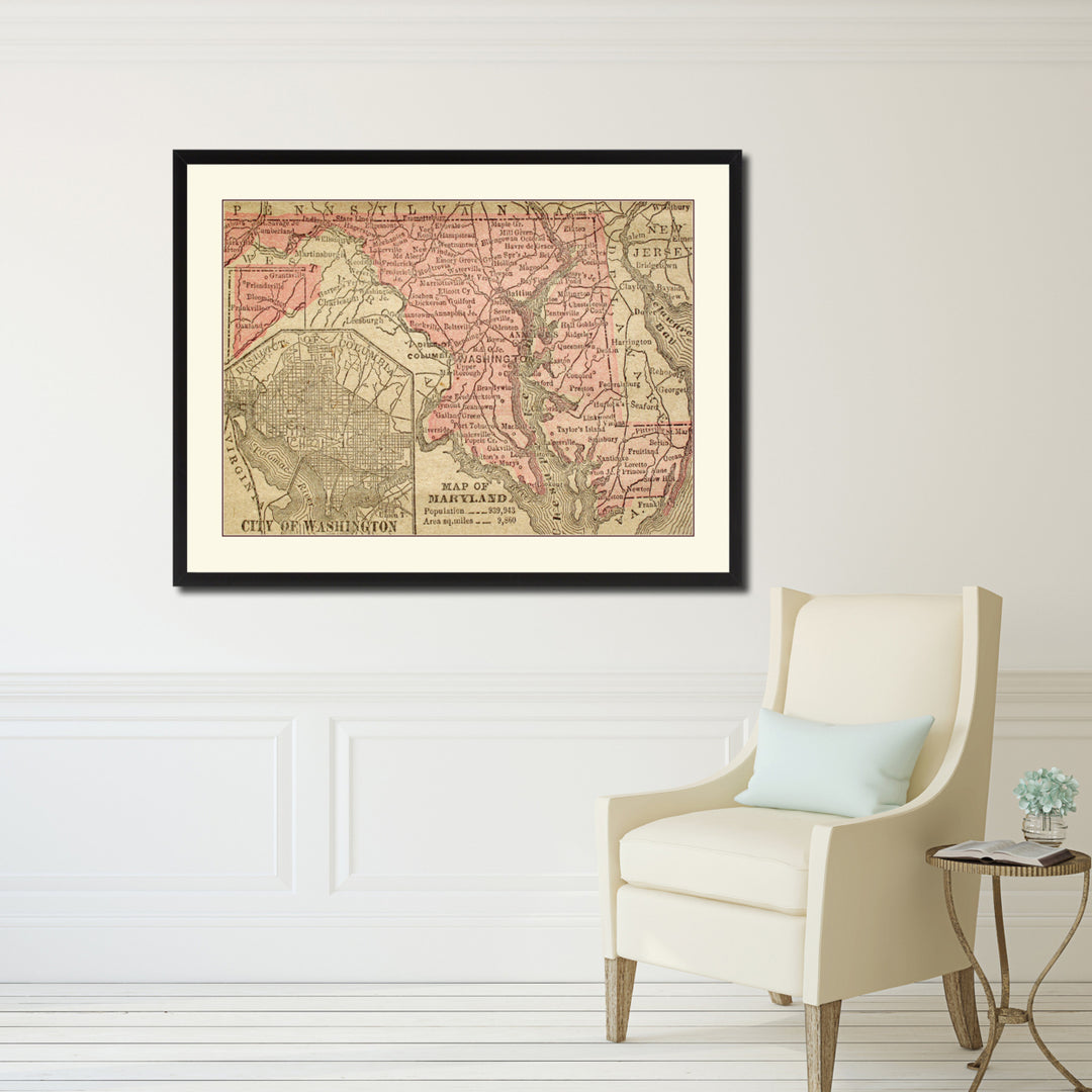 Maryland Vintage Antique Map Wall Art  Gift Ideas Canvas Print Custom Picture Frame Image 4