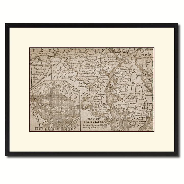 Maryland Vintage Sepia Map Canvas Print with Picture Frame Gifts  Wall Art Decoration Image 1