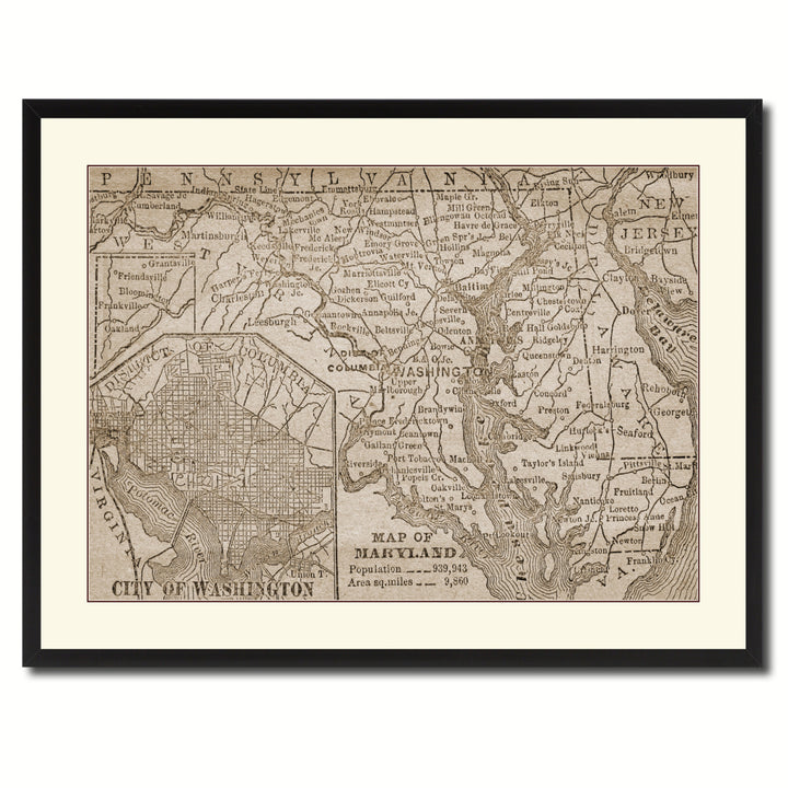 Maryland Vintage Sepia Map Canvas Print with Picture Frame Gifts  Wall Art Decoration Image 3