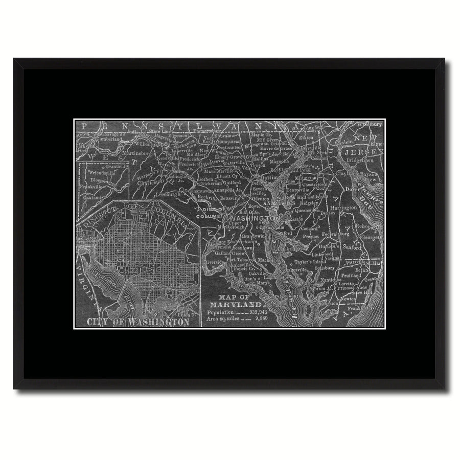 Maryland Vintage Monochrome Map Canvas Print with Gifts Picture Frame  Wall Art Image 1