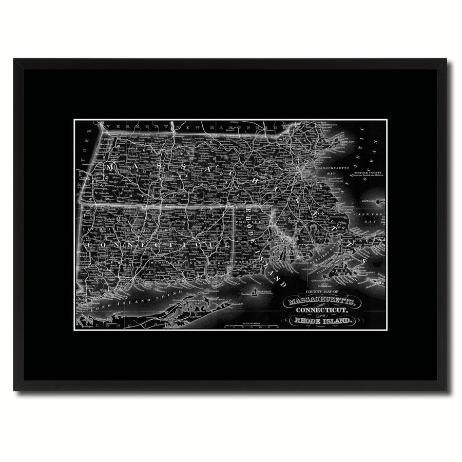 Massachusetts Connecticut Rhode Island Vintage Monochrome Map Canvas Print with Gifts Picture Frame  Wall Art Image 1