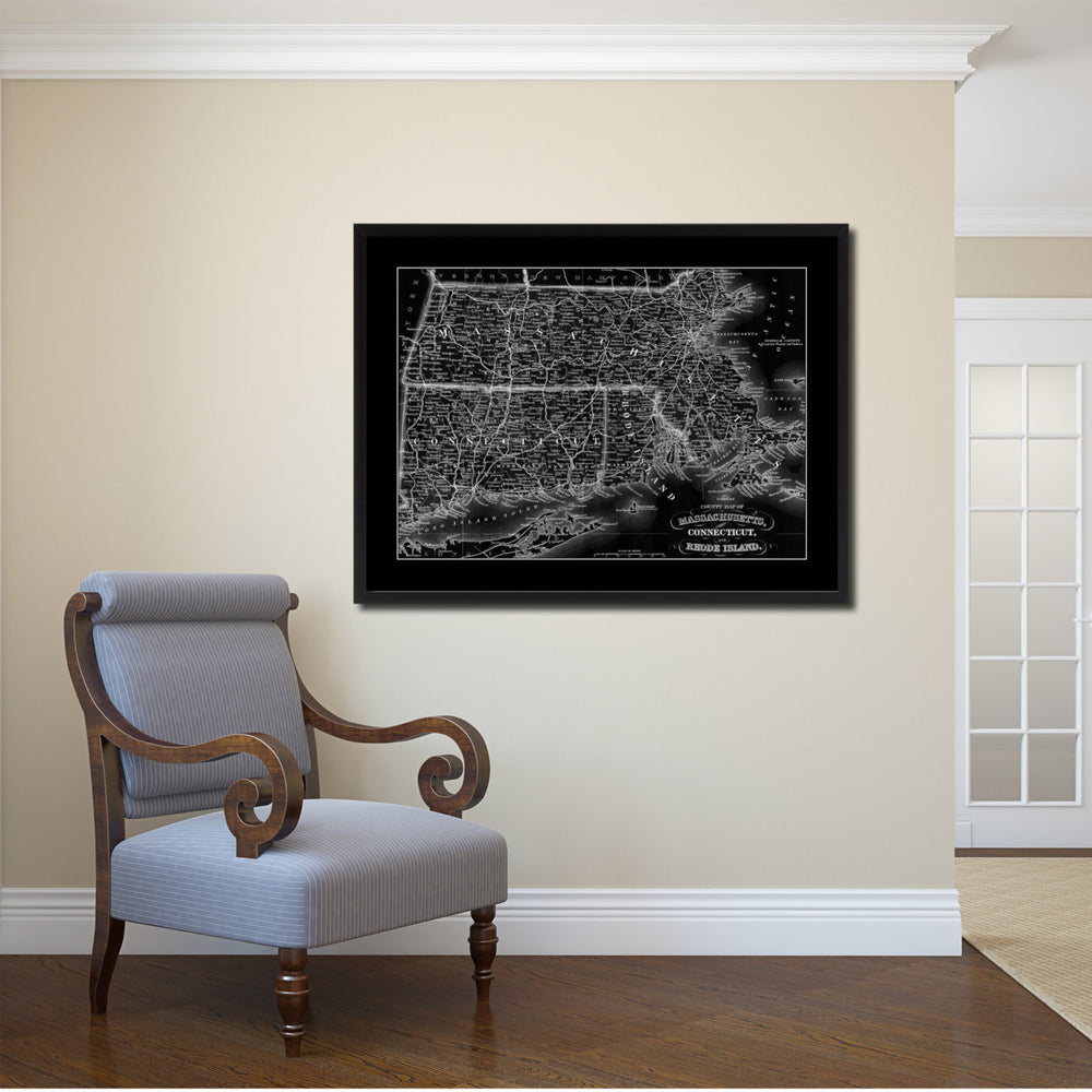 Massachusetts Connecticut Rhode Island Vintage Monochrome Map Canvas Print with Gifts Picture Frame  Wall Art Image 2