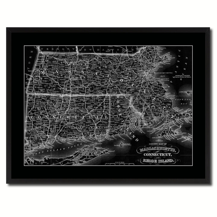Massachusetts Connecticut Rhode Island Vintage Monochrome Map Canvas Print with Gifts Picture Frame  Wall Art Image 3