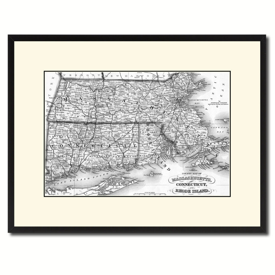 Massachusetts Connecticut Rhode Island Vintage BandW Map Canvas Print with Picture Frame  Wall Art Gift Ideas Image 1