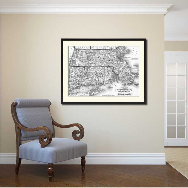 Massachusetts Connecticut Rhode Island Vintage BandW Map Canvas Print with Picture Frame  Wall Art Gift Ideas Image 2