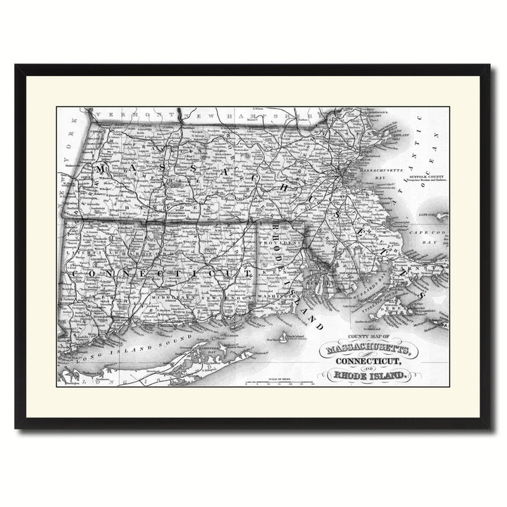 Massachusetts Connecticut Rhode Island Vintage BandW Map Canvas Print with Picture Frame  Wall Art Gift Ideas Image 3