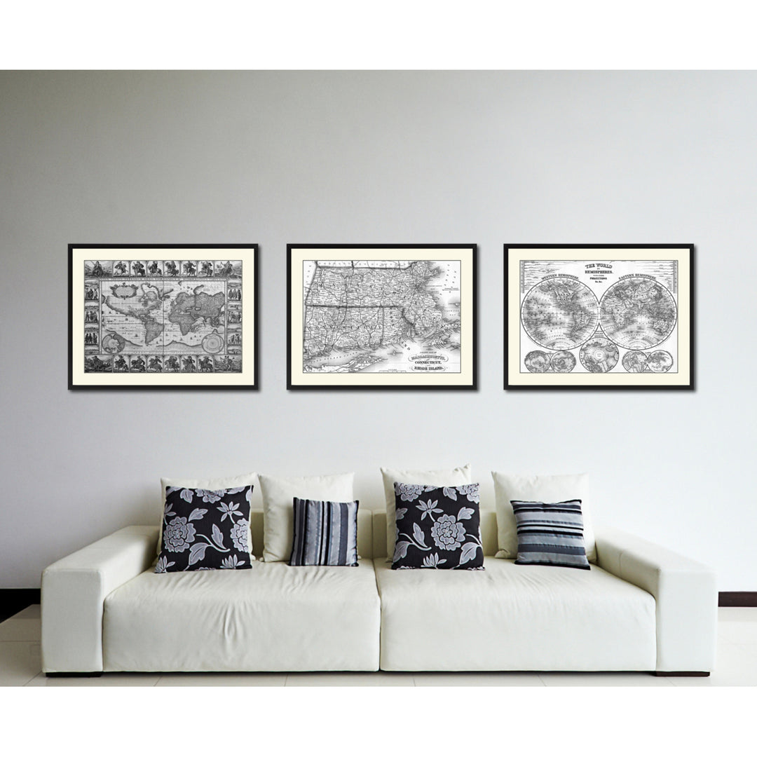Massachusetts Connecticut Rhode Island Vintage BandW Map Canvas Print with Picture Frame  Wall Art Gift Ideas Image 4