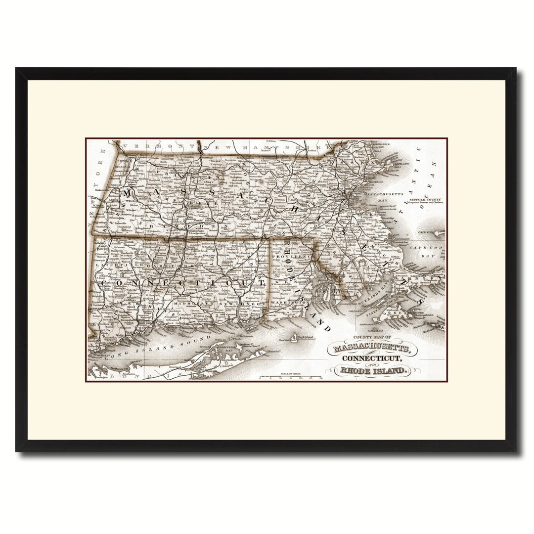 Massachusetts Connecticut Rhode Island Vintage Sepia Map Canvas Print with Picture Frame Gifts  Wall Art Decoration Image 1