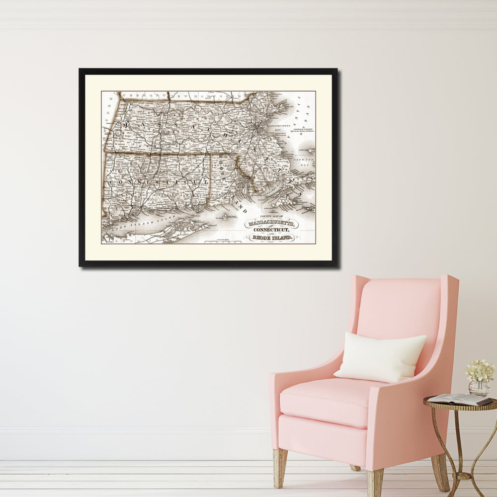 Massachusetts Connecticut Rhode Island Vintage Sepia Map Canvas Print with Picture Frame Gifts  Wall Art Decoration Image 2