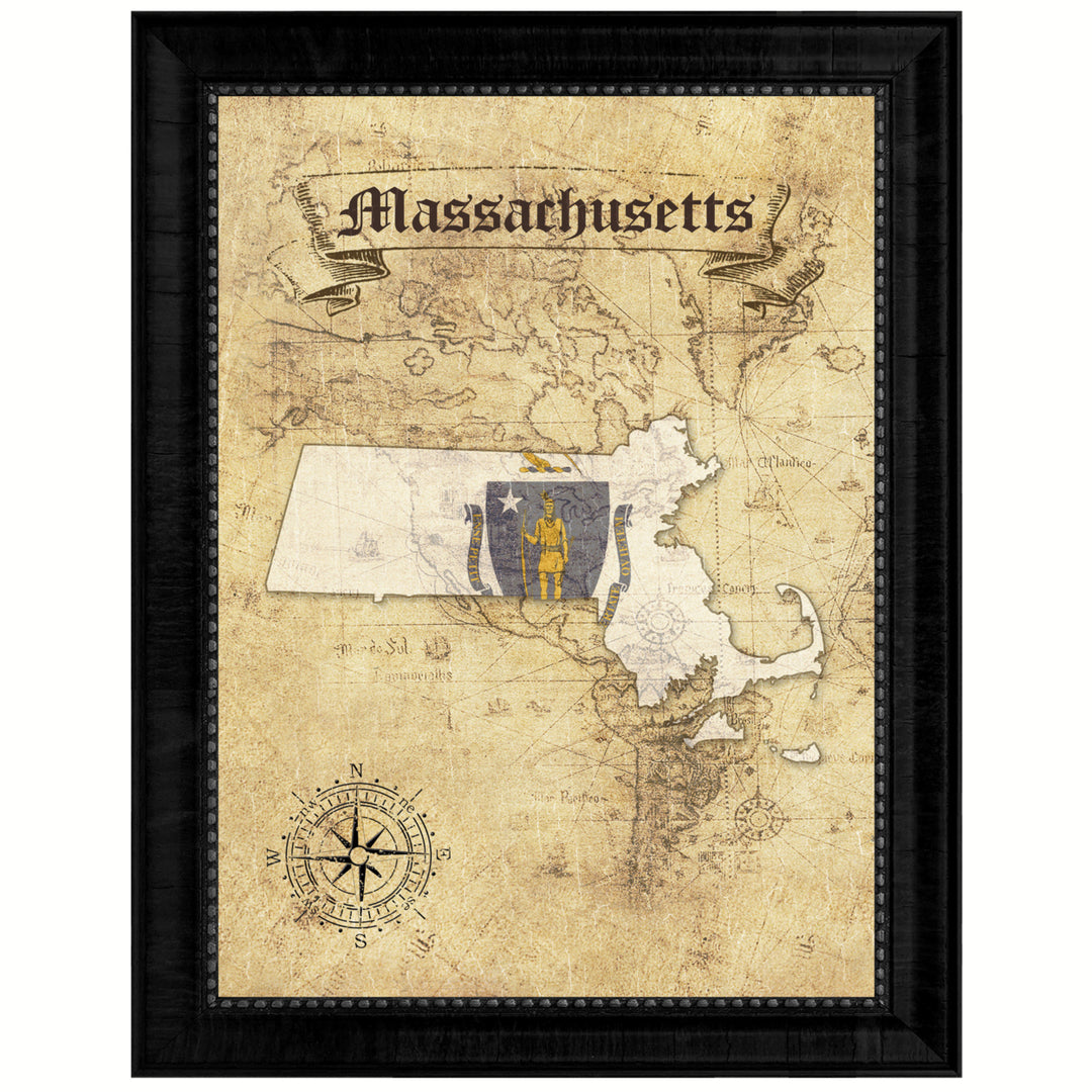 Massachusetts State Flag  Vintage Map Canvas Print with Picture Frame  Wall Art Decoration Gift Ideas Image 1