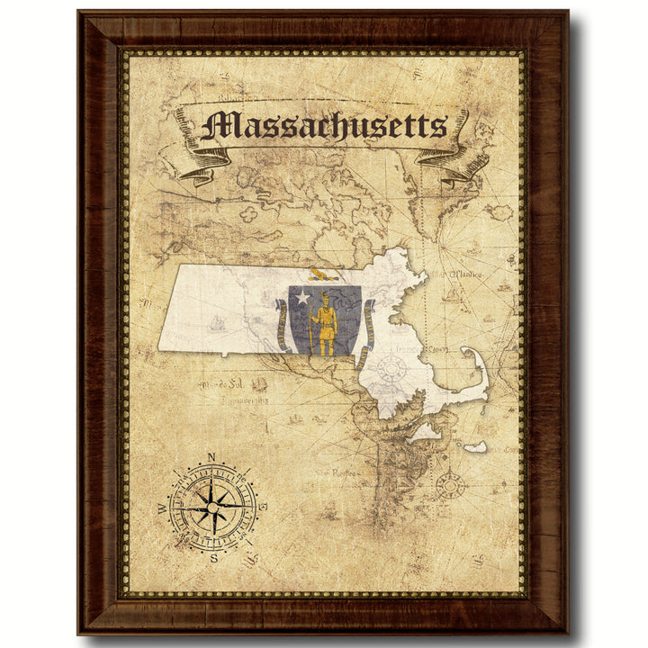 Massachusetts State Flag  Vintage Map Canvas Print with Picture Frame  Wall Art Decoration Gift Ideas Image 1
