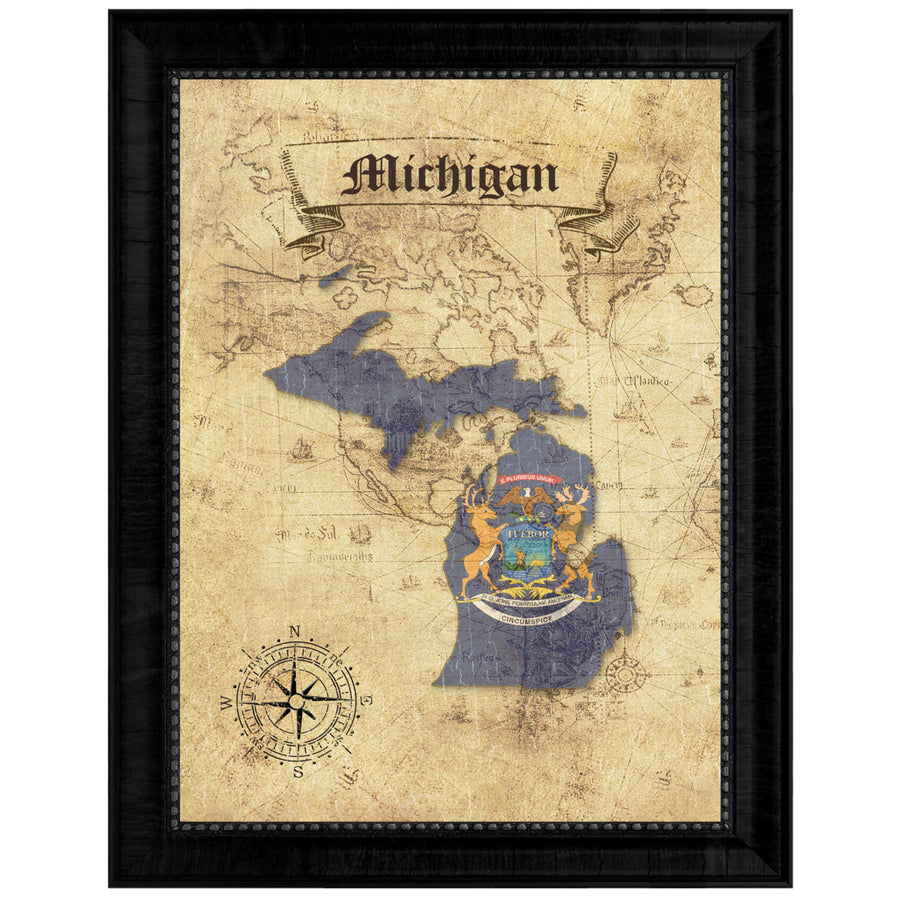 Michigan State Flag  Vintage Map Canvas Print with Picture Frame  Wall Art Decoration Gift Ideas Image 1