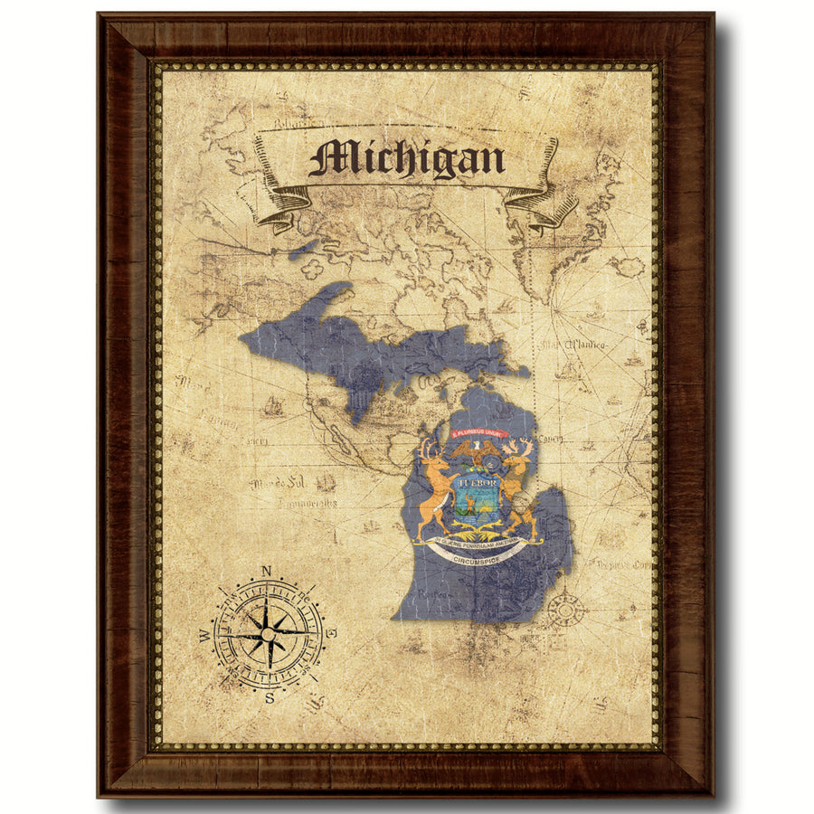 Michigan State Flag  Vintage Map Canvas Print with Picture Frame  Wall Art Decoration Gift Ideas Image 1