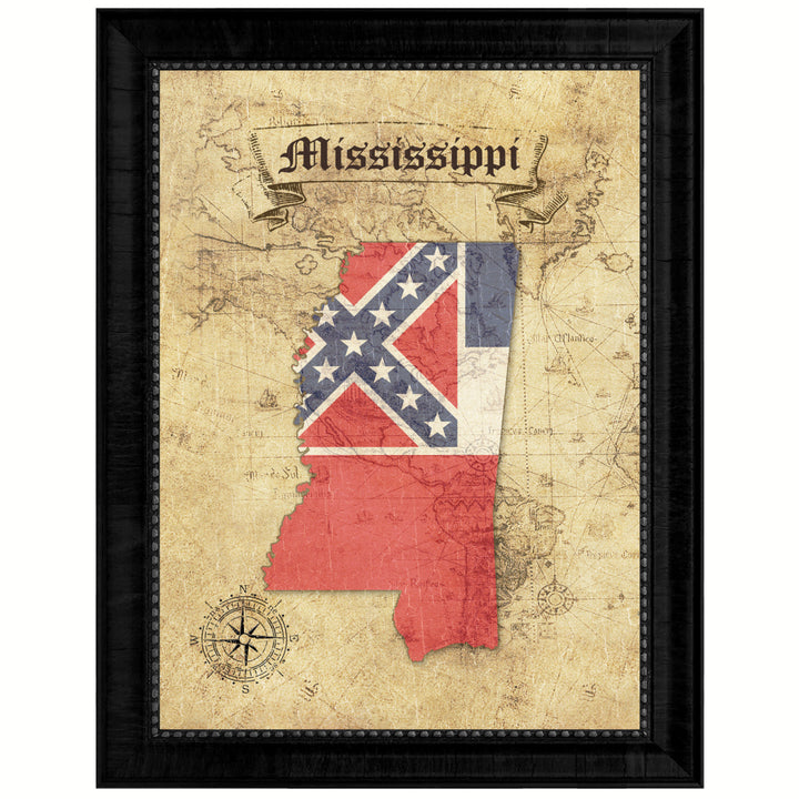 Mississippi State Flag  Vintage Map Canvas Print with Picture Frame  Wall Art Decoration Gift Ideas Image 1