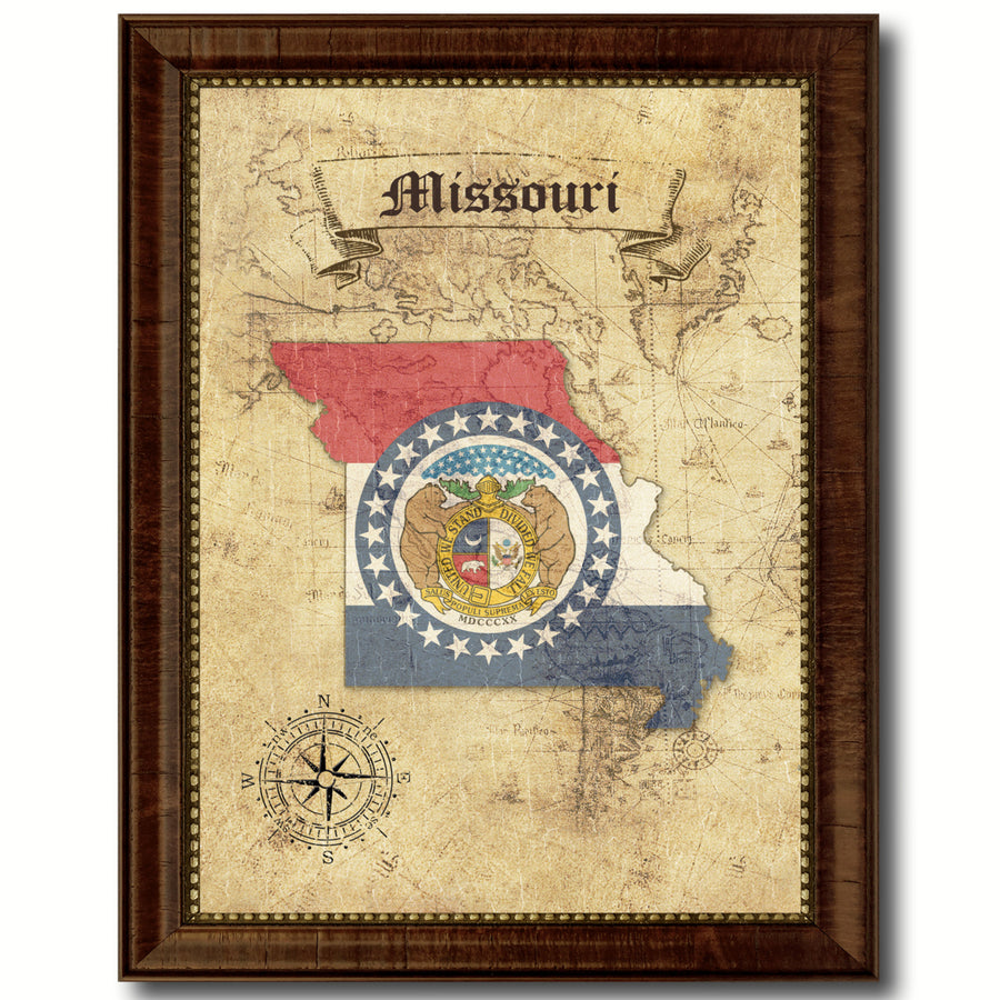 Missouri State Flag  Vintage Map Canvas Print with Picture Frame  Wall Art Decoration Gift Ideas Image 1