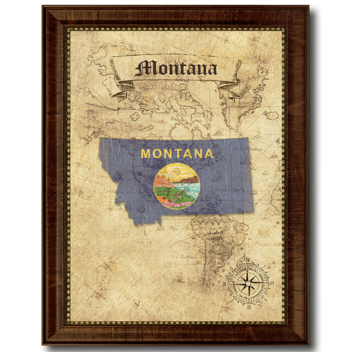 Montana State Flag  Vintage Map Canvas Print with Picture Frame  Wall Art Decoration Gift Ideas Image 1