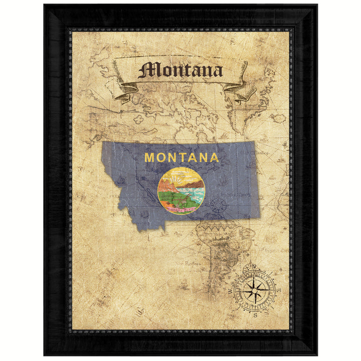 Montana State Flag  Vintage Map Canvas Print with Picture Frame  Wall Art Decoration Gift Ideas Image 1