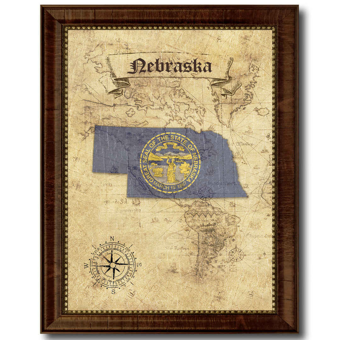 Nebraska State Flag  Vintage Map Canvas Print with Picture Frame  Wall Art Decoration Gift Ideas Image 1