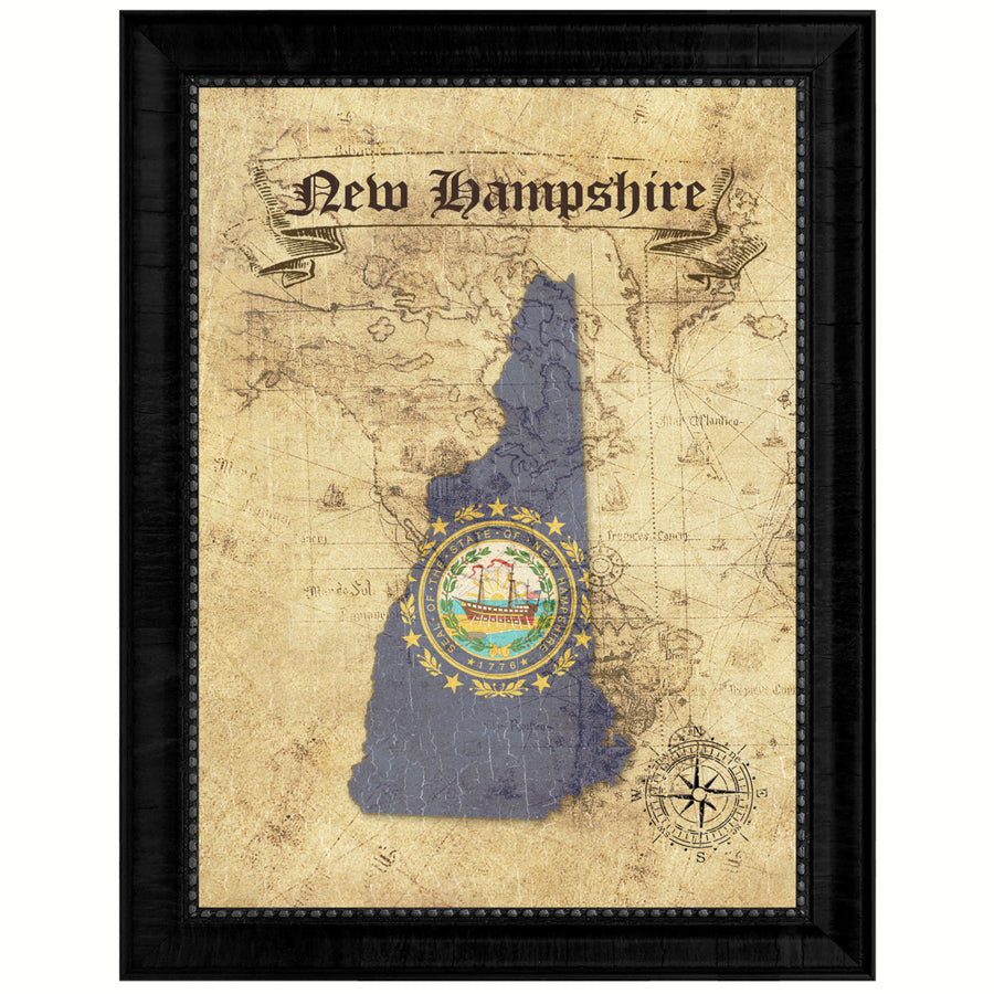 Hampshire State Flag  Vintage Map Canvas Print with Picture Frame  Wall Art Decoration Gift Ideas Image 1