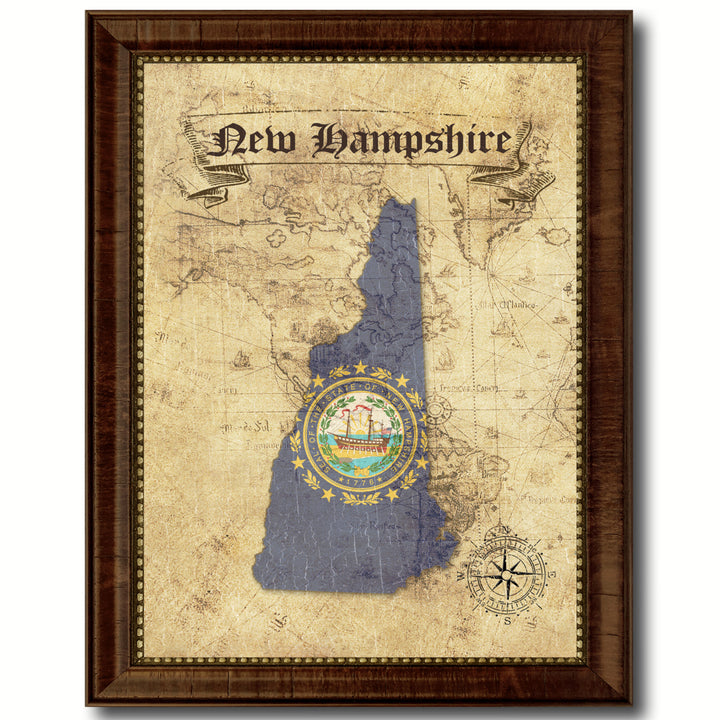 Hampshire State Flag  Vintage Map Canvas Print with Picture Frame  Wall Art Decoration Gift Ideas Image 1