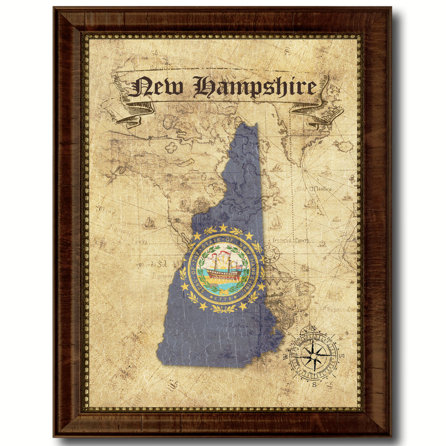 Hampshire State Flag  Vintage Map Canvas Print with Picture Frame  Wall Art Decoration Gift Ideas Image 1