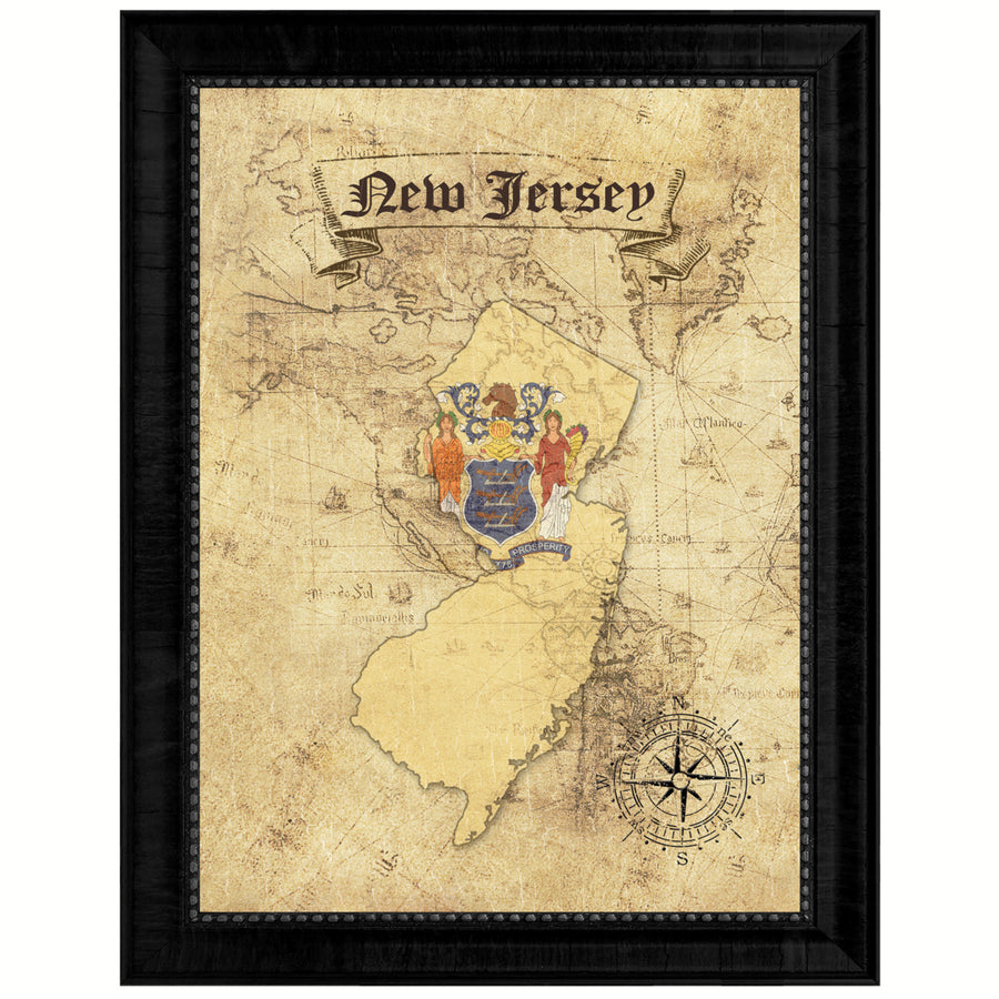 Jersey State Flag  Vintage Map Canvas Print with Picture Frame  Wall Art Decoration Gift Ideas Image 1