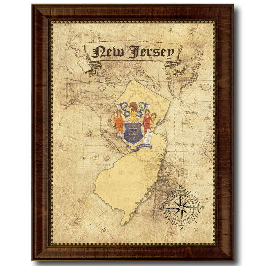 Jersey State Flag  Vintage Map Canvas Print with Picture Frame  Wall Art Decoration Gift Ideas Image 1