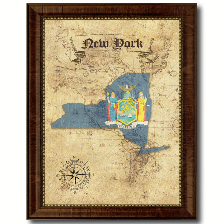 York State Flag  Vintage Map Canvas Print with Picture Frame  Wall Art Decoration Gift Ideas Image 1