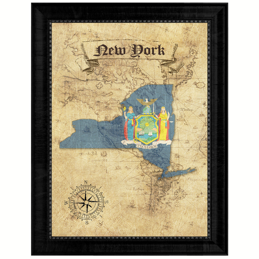 York State Flag  Vintage Map Canvas Print with Picture Frame  Wall Art Decoration Gift Ideas Image 1