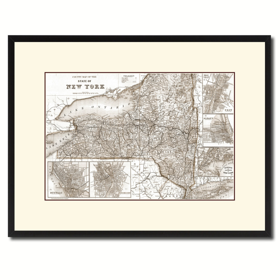 York Vintage Sepia Map Canvas Print with Picture Frame Gifts  Wall Art Decoration Image 1
