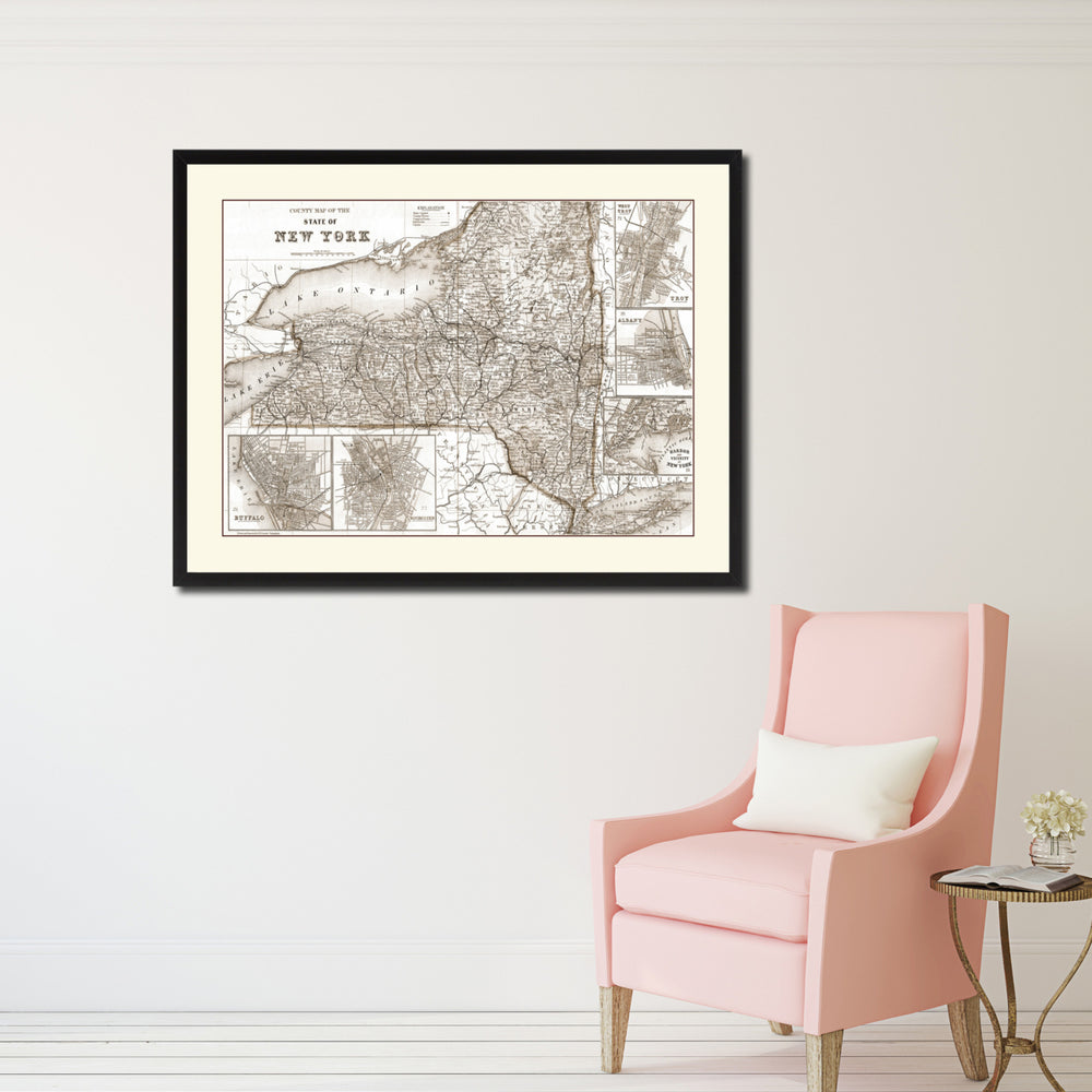 York Vintage Sepia Map Canvas Print with Picture Frame Gifts  Wall Art Decoration Image 2