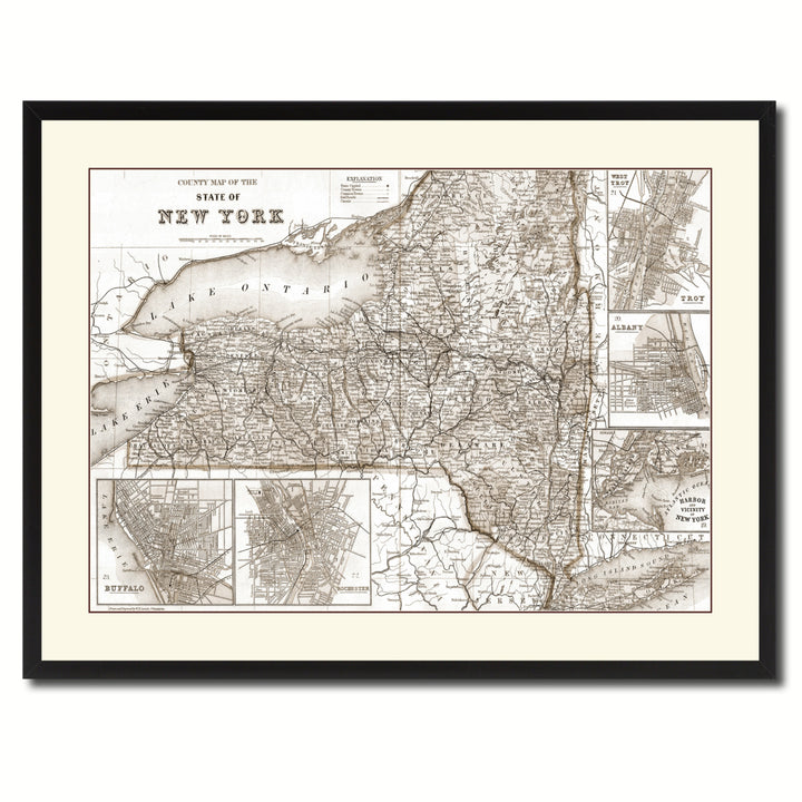 York Vintage Sepia Map Canvas Print with Picture Frame Gifts  Wall Art Decoration Image 3