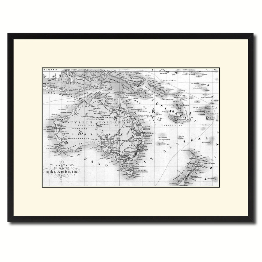 Zealand Oceania Australia Vintage BandW Map Canvas Print with Picture Frame  Wall Art Gift Ideas Image 1