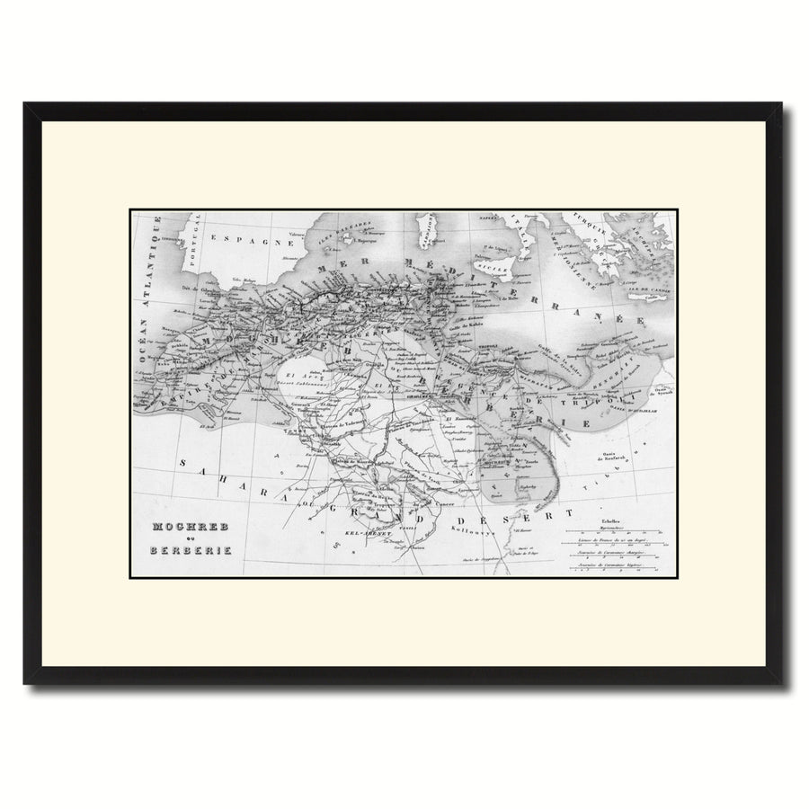 North Africa Barbary Coast Vintage BandW Map Canvas Print with Picture Frame  Wall Art Gift Ideas Image 1