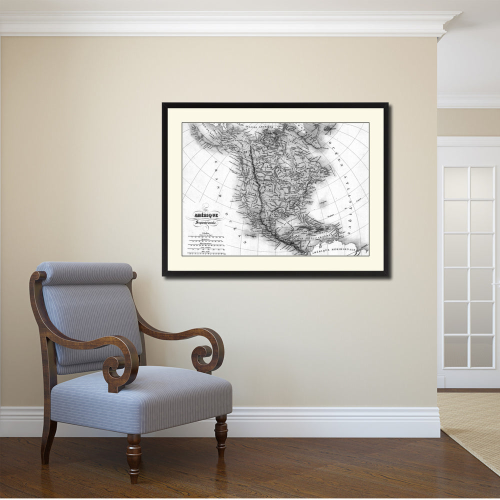 North America Canada Mexico Vintage BandW Map Canvas Print with Picture Frame  Wall Art Gift Ideas Image 2