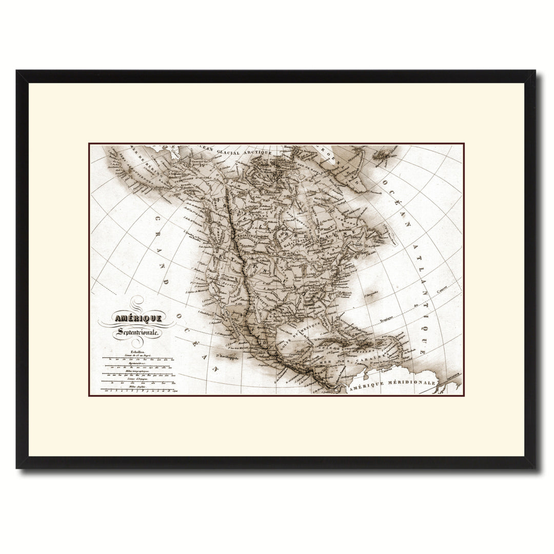 North America Canada Mexico Vintage Sepia Map Canvas Print with Picture Frame Gifts  Wall Art Decoration Image 1