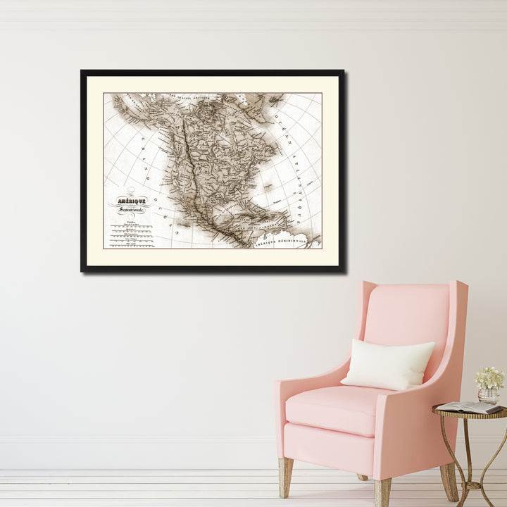 North America Canada Mexico Vintage Sepia Map Canvas Print with Picture Frame Gifts  Wall Art Decoration Image 2