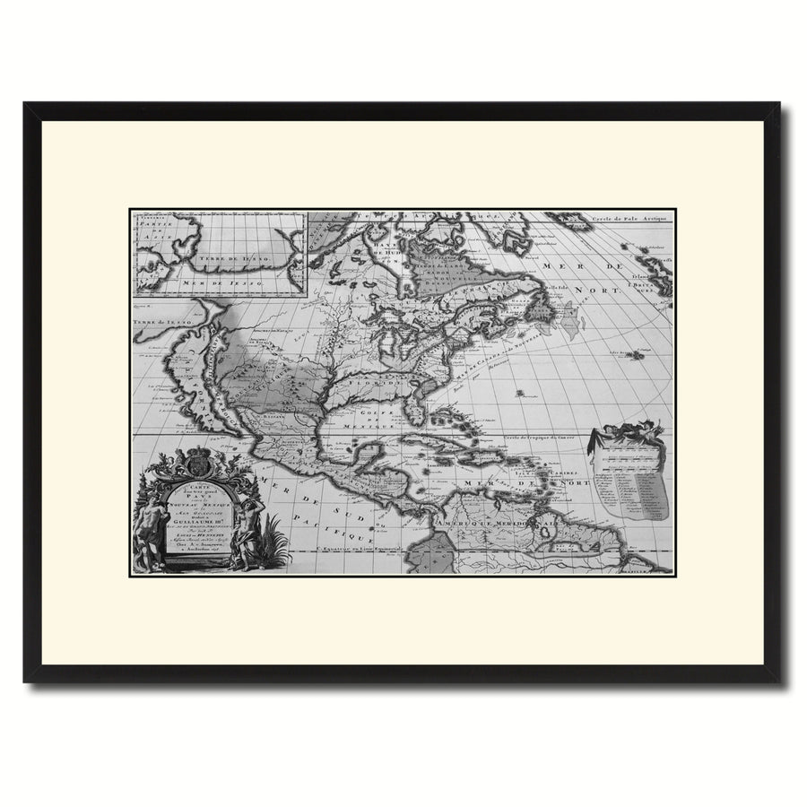 North America Vintage BandW Map Canvas Print with Picture Frame  Wall Art Gift Ideas Image 1