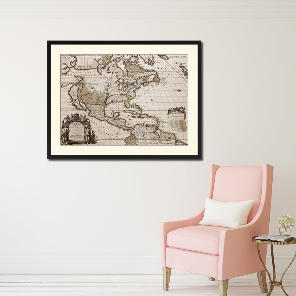 North America Vintage Sepia Map Canvas Print with Picture Frame Gifts  Wall Art Decoration Image 2