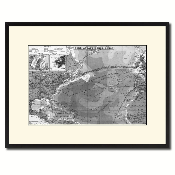 North Atlantic Telegraph Lines Stieler Vintage BandW Map Canvas Print with Picture Frame  Wall Art Gift Ideas Image 1