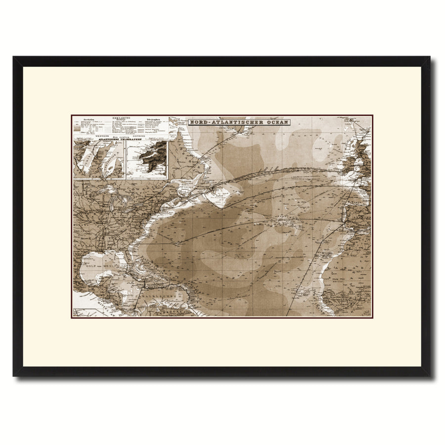 North Atlantic Telegraph Lines Stieler Vintage Sepia Map Canvas Print with Picture Frame Gifts  Wall Art Decoration Image 1