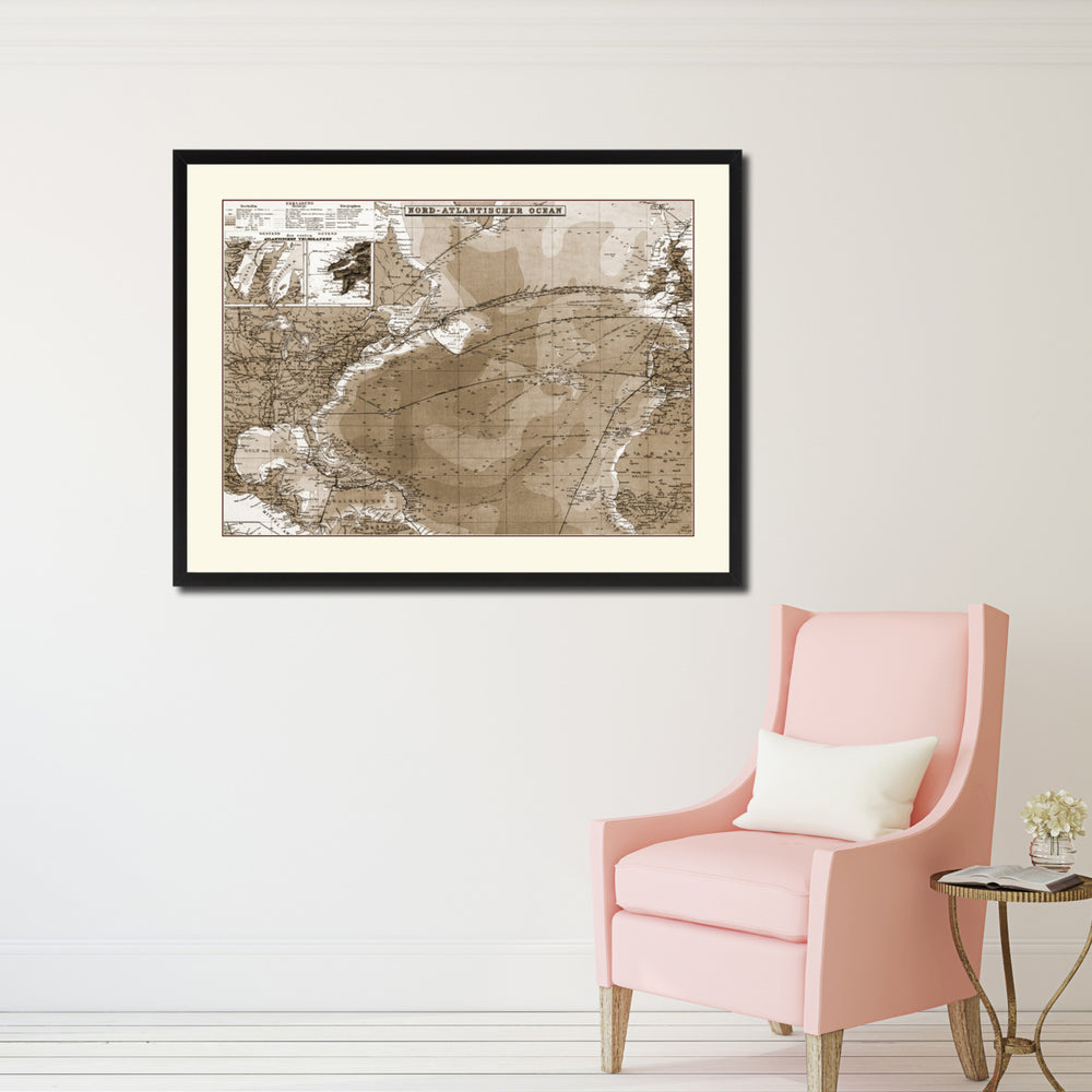 North Atlantic Telegraph Lines Stieler Vintage Sepia Map Canvas Print with Picture Frame Gifts  Wall Art Decoration Image 2