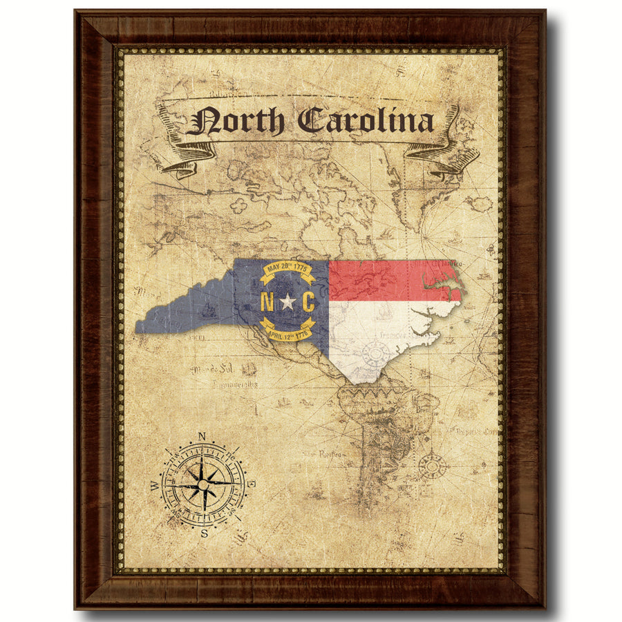 North Carolina State Flag  Vintage Map Canvas Print with Picture Frame  Wall Art Decoration Gift Ideas Image 1