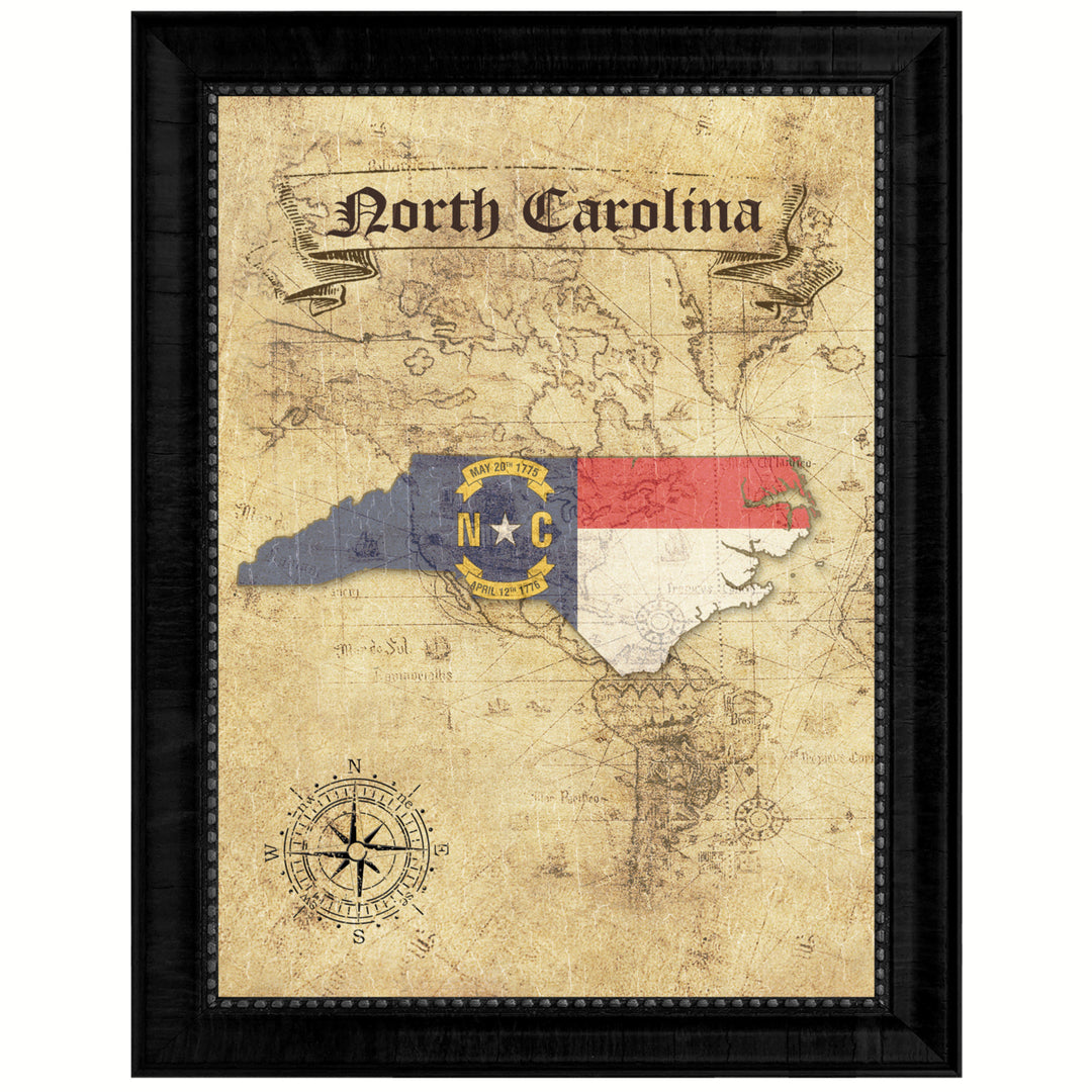 North Carolina State Flag  Vintage Map Canvas Print with Picture Frame  Wall Art Decoration Gift Ideas Image 1