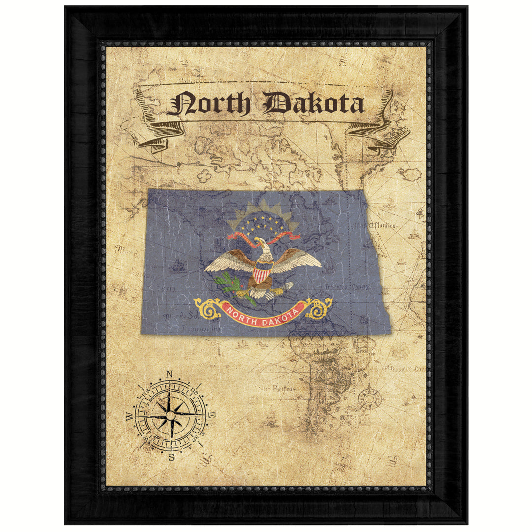 North Dakota State Flag  Vintage Map Canvas Print with Picture Frame  Wall Art Decoration Gift Ideas Image 1