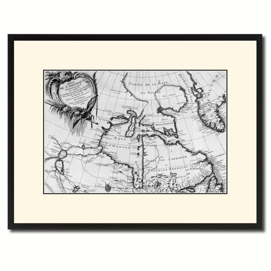 North East Canada and Greenland Vintage BandW Map Canvas Print with Picture Frame  Wall Art Gift Ideas Image 1