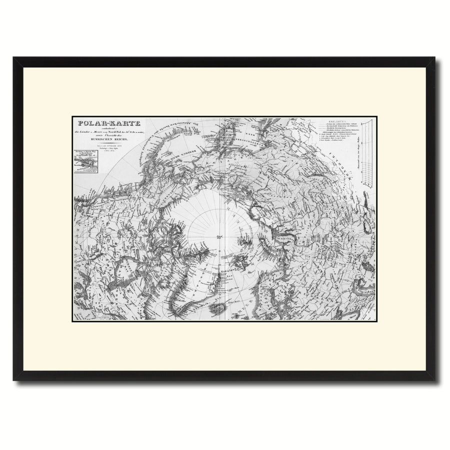 North Pole Stieler Vintage BandW Map Canvas Print with Picture Frame  Wall Art Gift Ideas Image 1