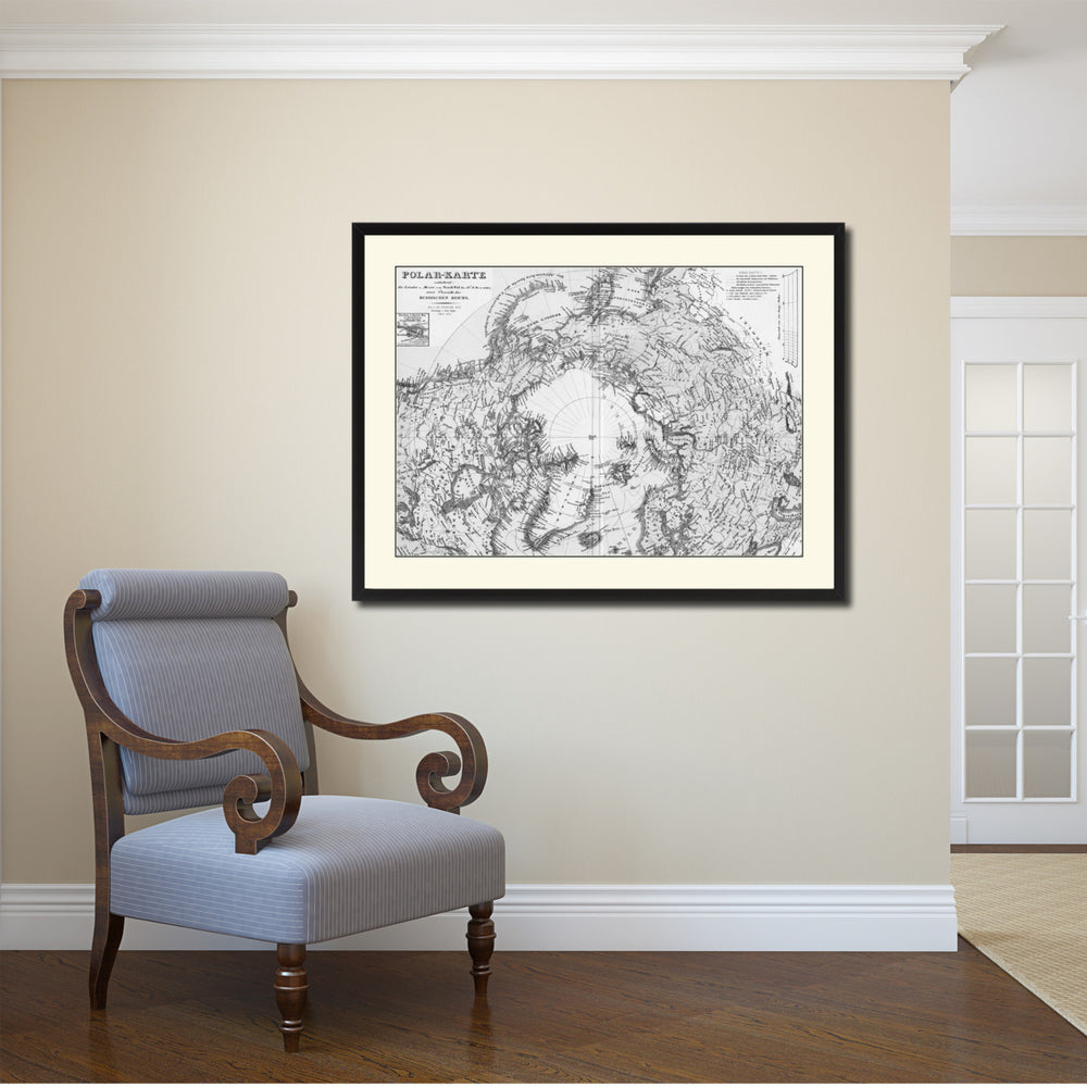 North Pole Stieler Vintage BandW Map Canvas Print with Picture Frame  Wall Art Gift Ideas Image 2