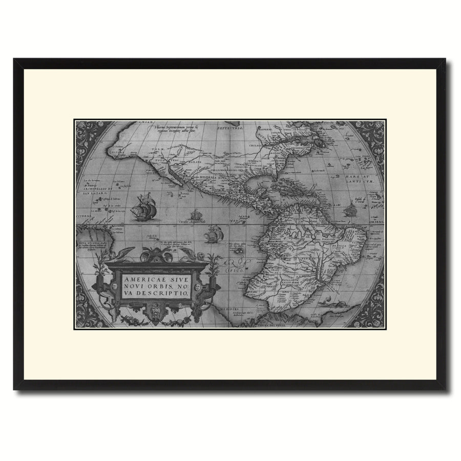 North South America Vintage BandW Map Canvas Print with Picture Frame  Wall Art Gift Ideas Image 1